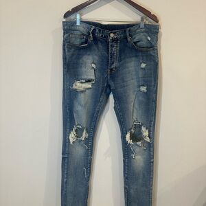 Distressed Straight Medium Wash Denim Jeans Button 5-Pocket Cotton Spandex Blue